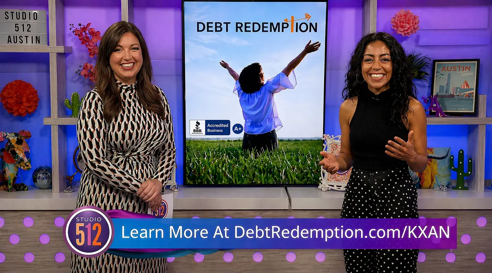 Debt Redemption featured on KXAN Studio 512 in Austin Texas discussing debt relief services with BBB Accredited A+ rating