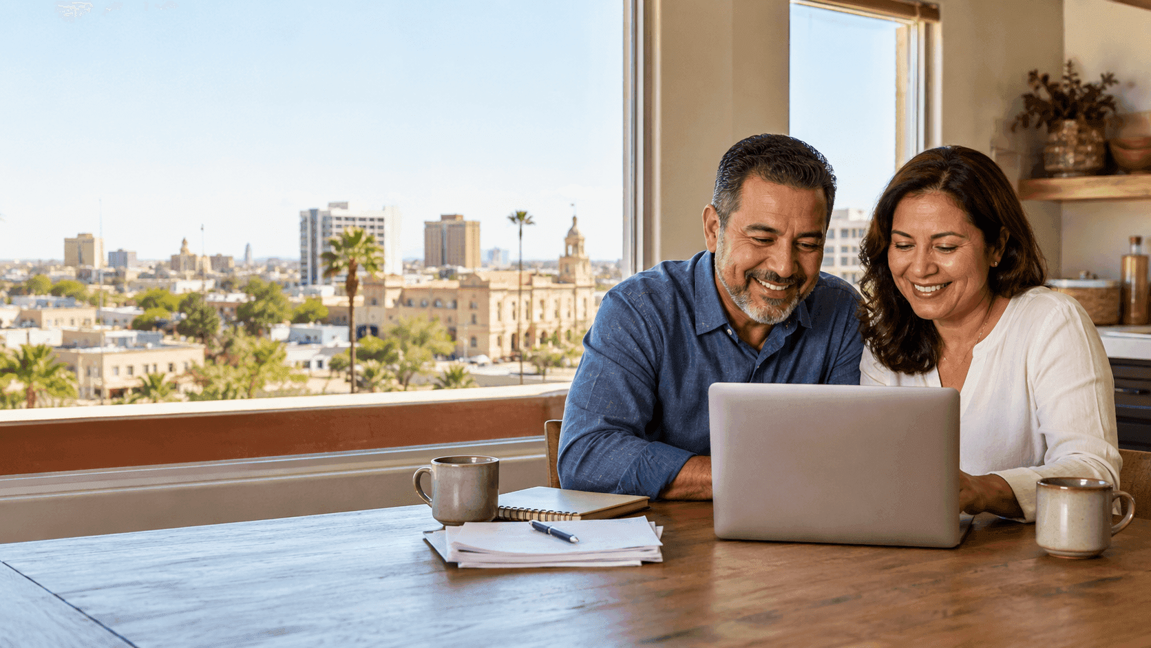 Hispanic couple in Laredo, Texas reviewing their finances after a debt relief consultation with Debt Redemption. Helping qualified Texas residents explore personalized solutions for credit card debt and other unsecured debt.